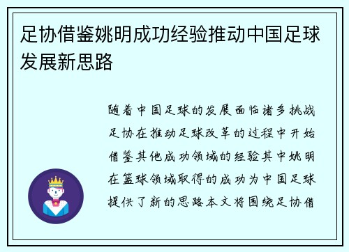 足协借鉴姚明成功经验推动中国足球发展新思路